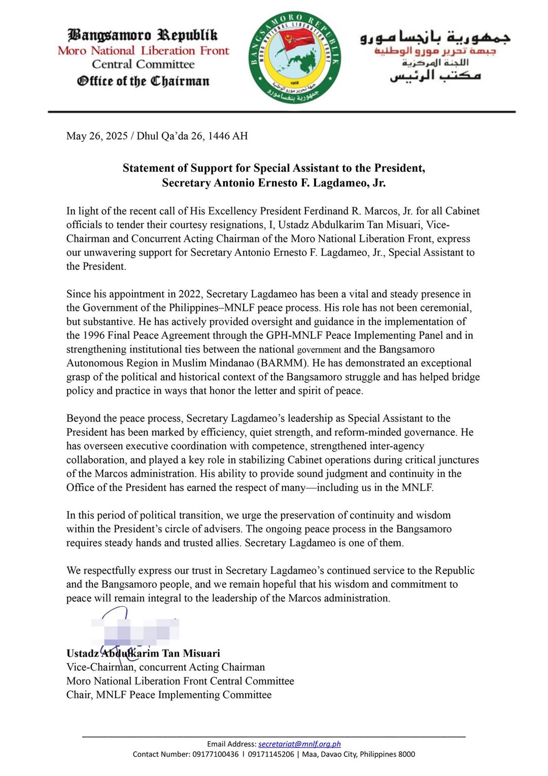 MORO NATIONAL LIBERATION FRONT Central Committee STATEMENT OF SUPPORT For Special Assistant to the President, Secretary Antonio Ernesto F. Lagdameo, Jr.