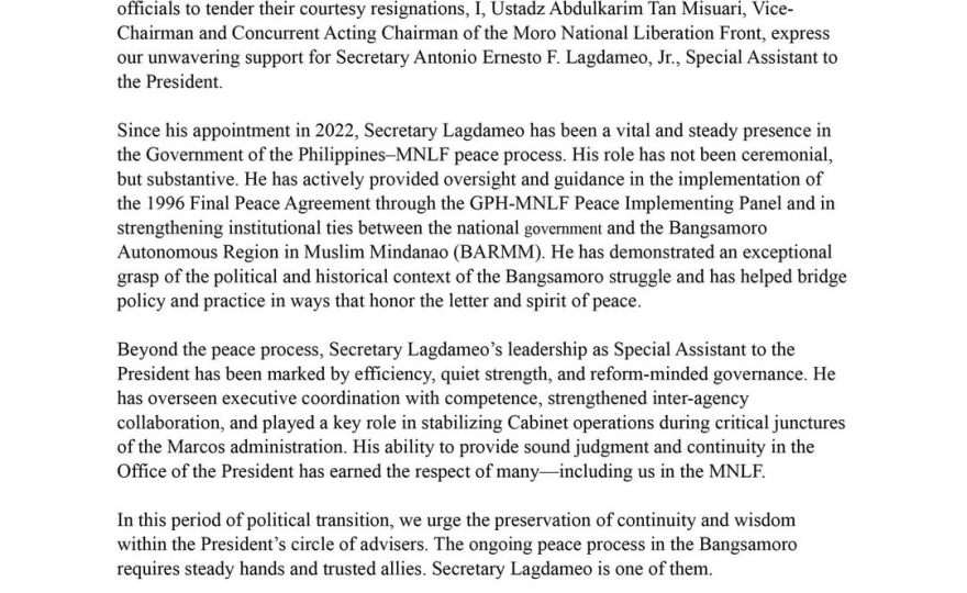 MORO NATIONAL LIBERATION FRONT Central Committee STATEMENT OF SUPPORT For Special Assistant to the President, Secretary Antonio Ernesto F. Lagdameo, Jr.